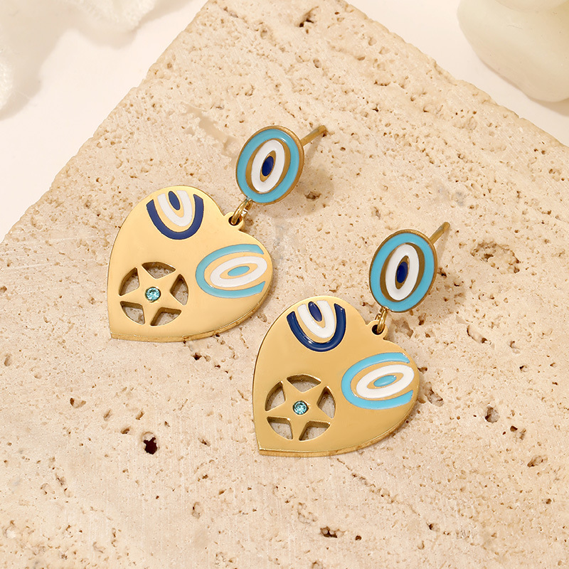 Gold Heart Earrings - Blue & White